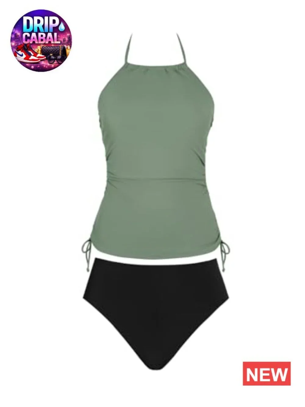 High Neck Halter Tankini Set with Adjustable Drawstrings, Mid Rise Bottoms